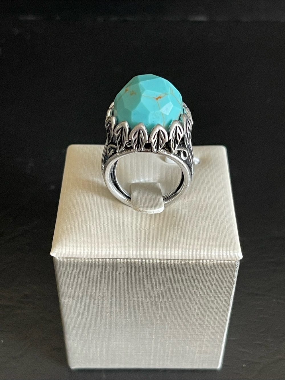 Lucky brand Turquoise Statement Ring with Silver Leaf Setting .